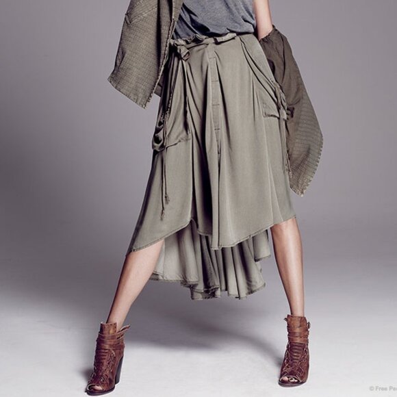 Free People Olive Green Layered Flowy Bohemian Maxi Skirt Medium - Picture 1 of 4